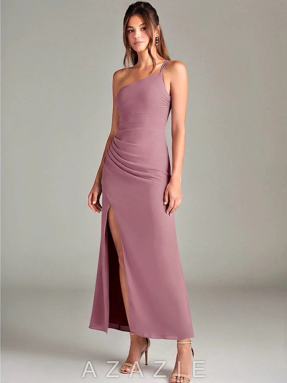 Azazie Brooke Ruched Asymmetrical Strap Maxi Dress in Pink